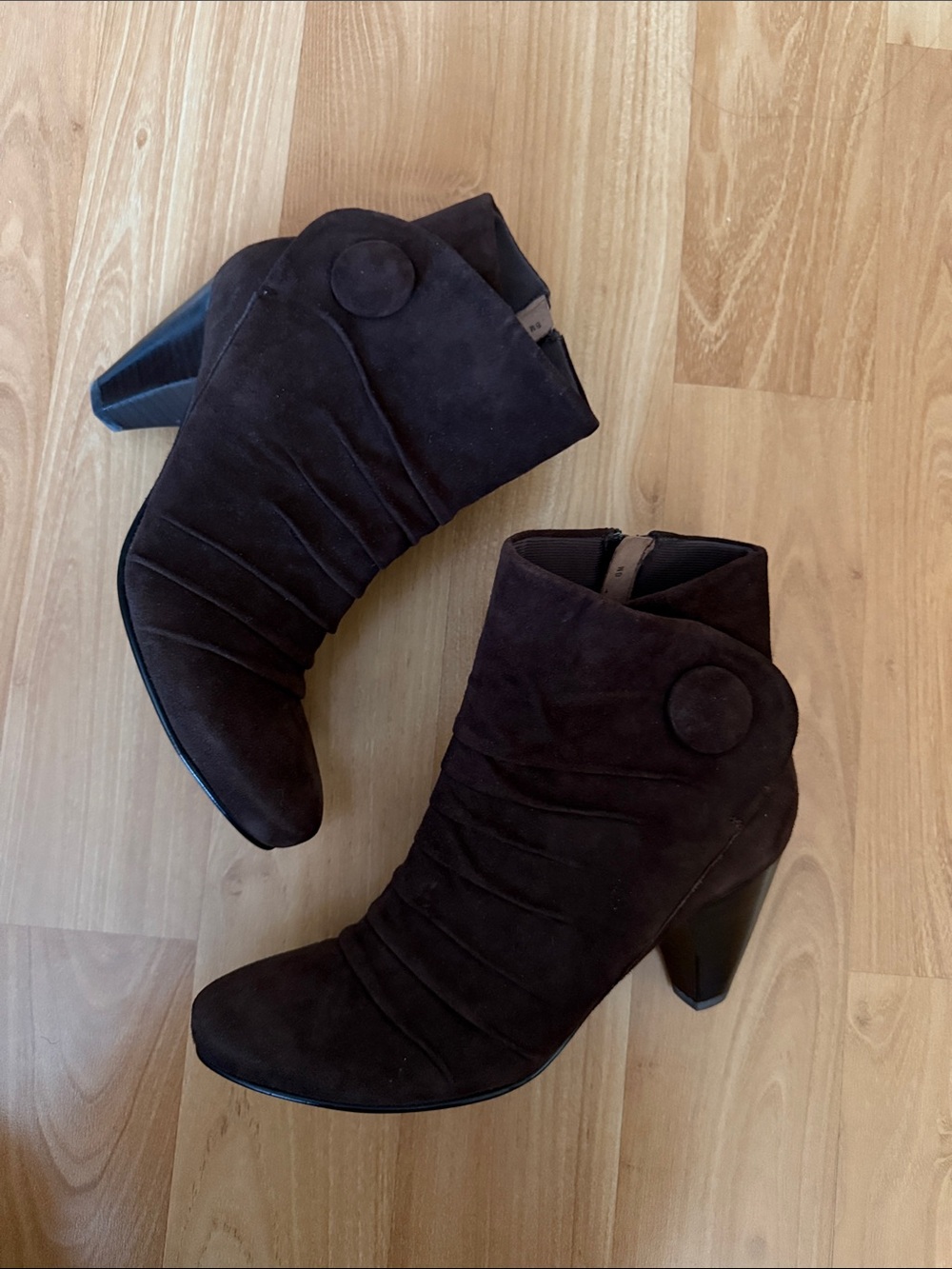 Women's Dark Brown Suede Ankle Booties with Button Accent